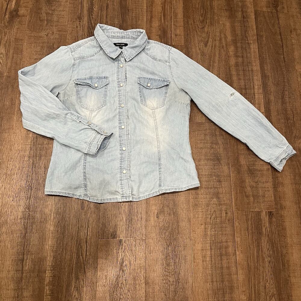 New Look Light Wash Chambray Denim Shirt/ Long Sleeve Pearl Snap/ XL